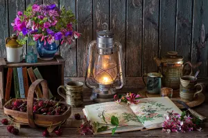 Черешня, книга и лампа