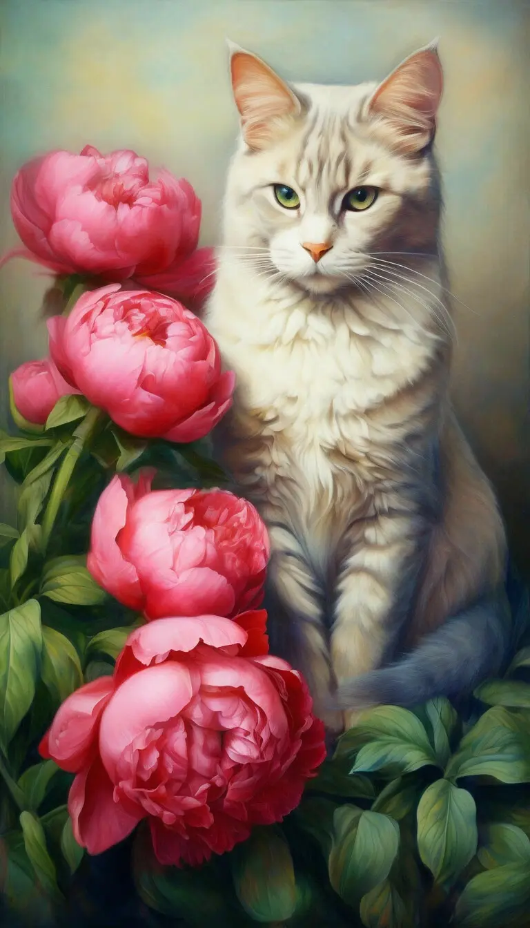 Кот и пионы