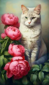 Кот и пионы