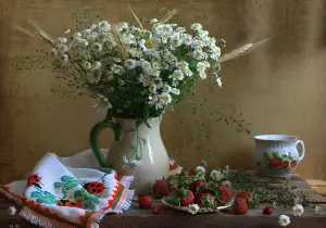 Ромашки и ягоды клубники