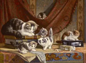 Кошка с котятами и книги
