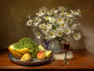 Ромашки и виноград с дыней